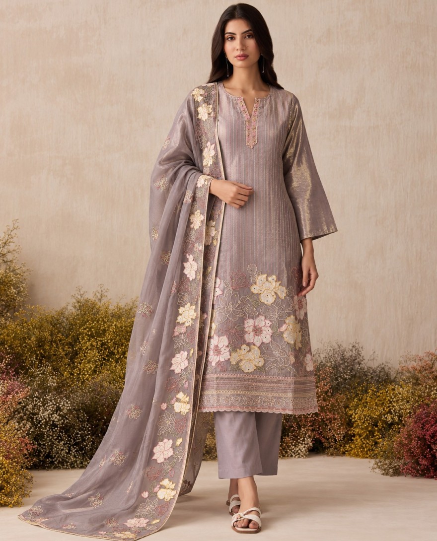 7115 - Lavender Shimmer Embroidered Work Readymade Salwar Suit